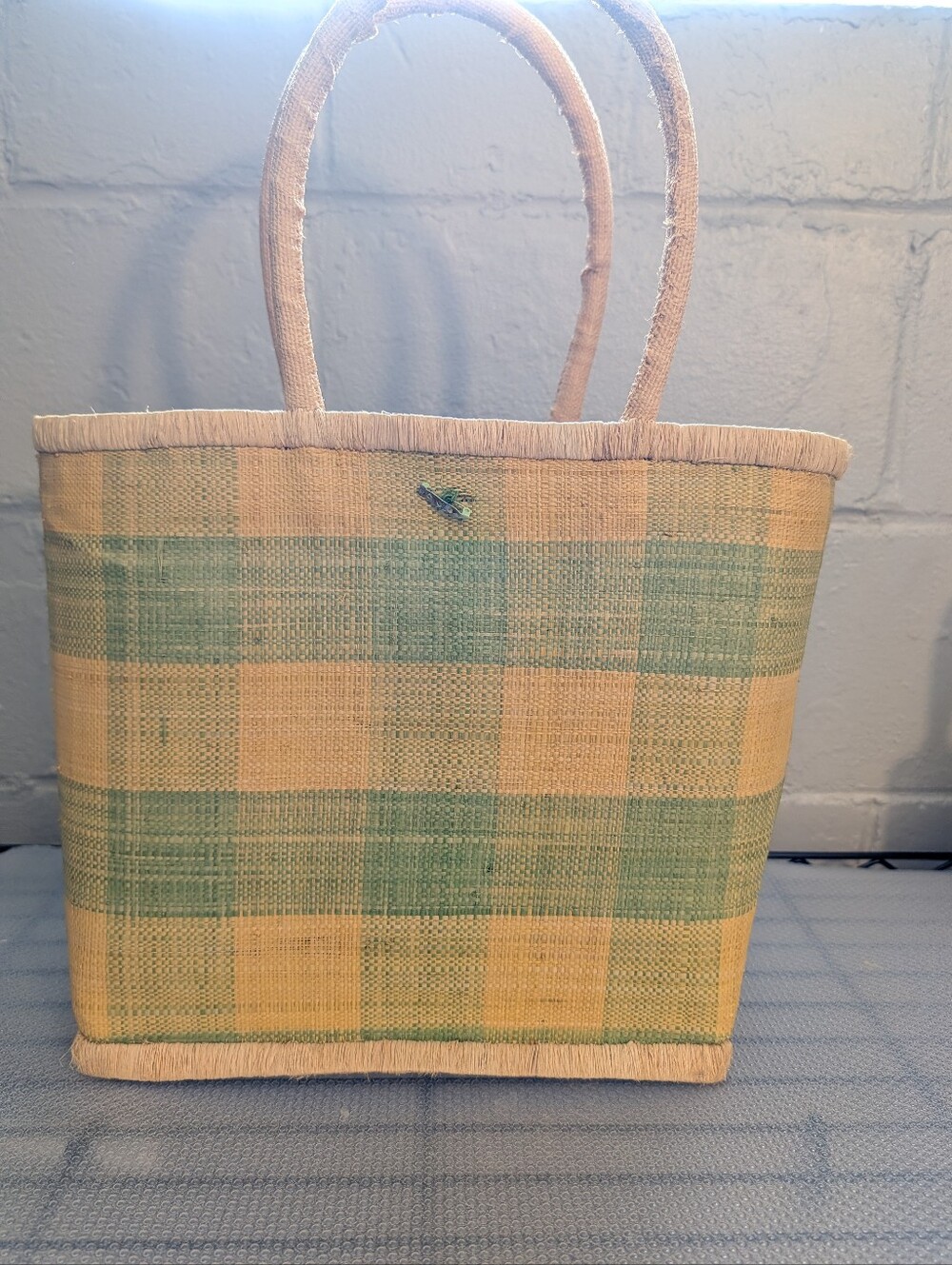 Vintage Pastel Green & Yellow Woven Straw Tote Bag
